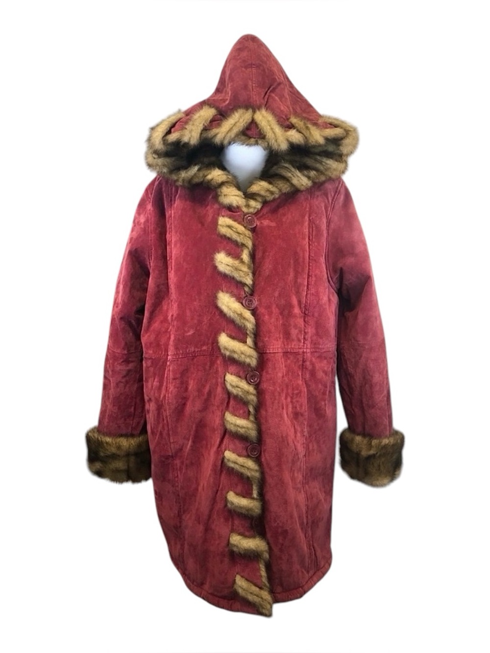 Dennis Basso Genuine Suede Leather Coat w/ Braided Faux Fur Trim Hood L